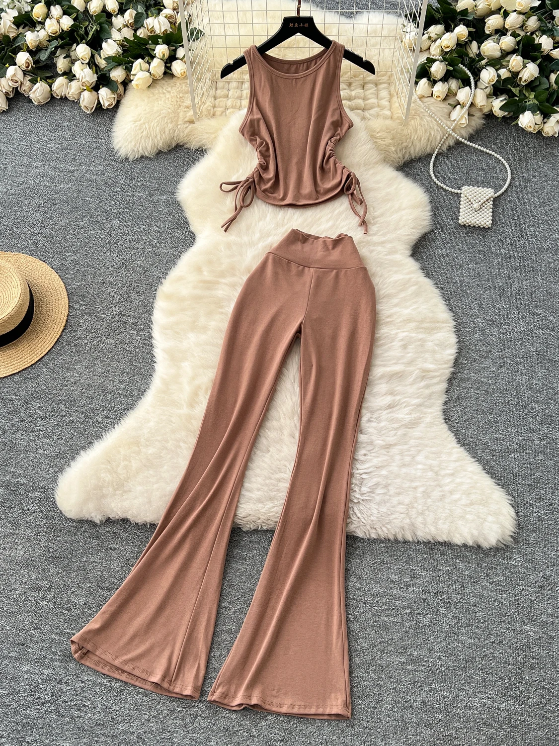 

Casual Pure Desire Women's Summer Set Side Tie Slim Fit Svel Top High Waist Wrap Hip Long Pants Faion Ensemble