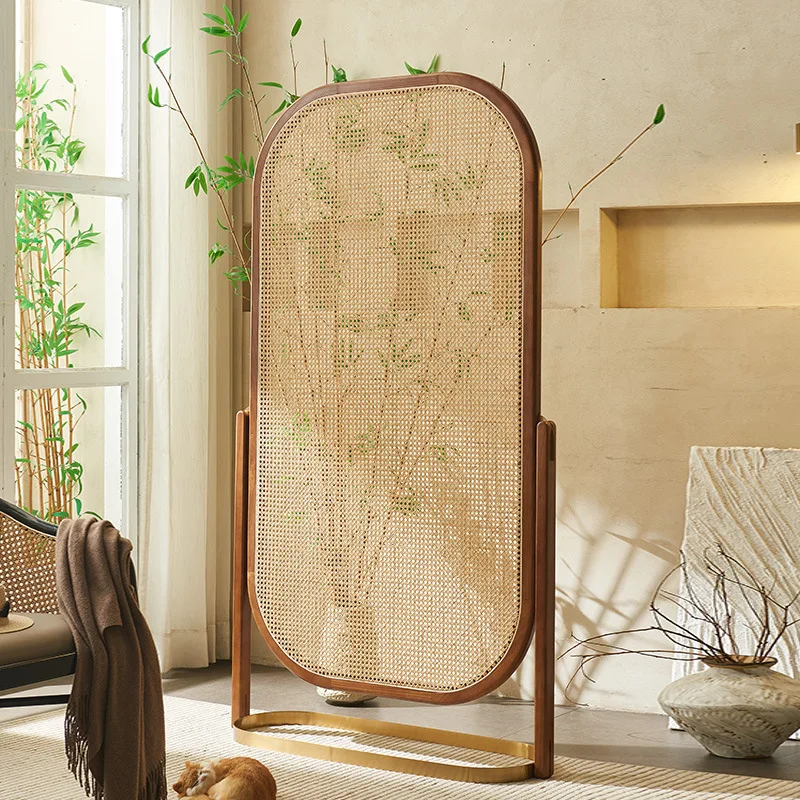 Rattan screen removable household simple art solid wood shelf bedroom living room seat screen porch partition