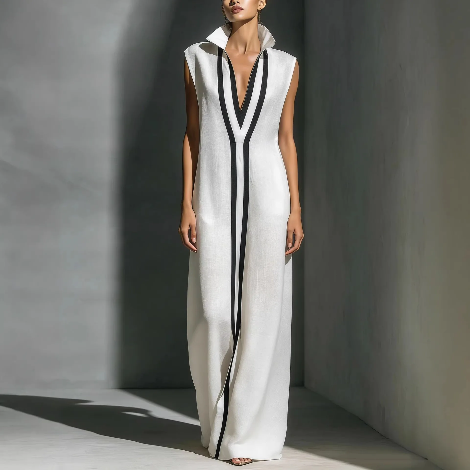 

Women's Elegant Sleeveless Maxi Dress Contrast Black Stripe V-Neck Long Gown Loose Fit Evening Party Dresses for Summer Vacation