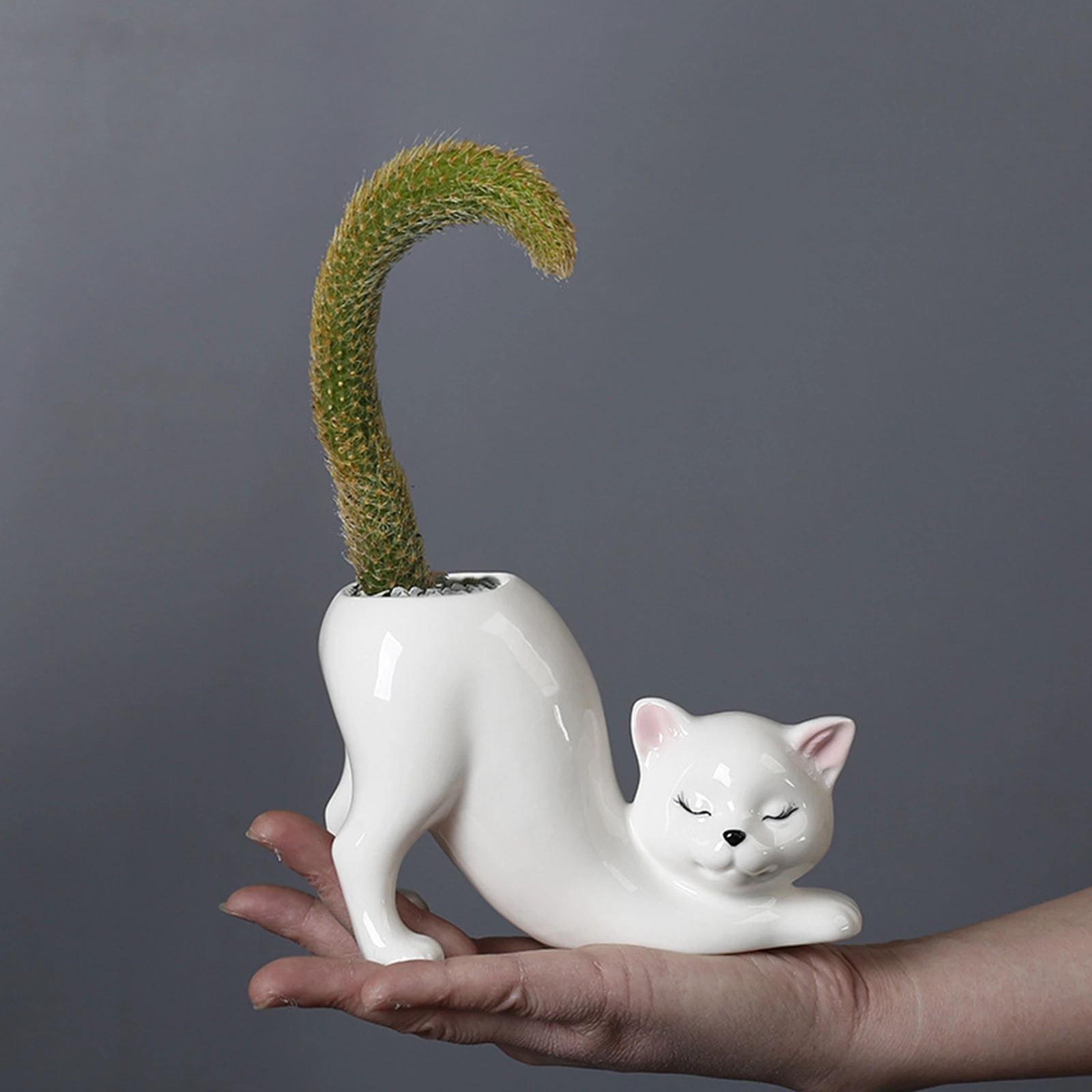 Cartoon Cat Flower Pot Cute Cat Tail Planting Pot Ceramics Porcelain Flower Vase for Garden Home Decoration Courtyard Bedroom