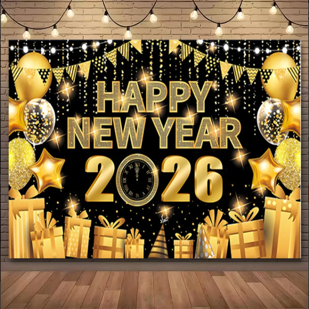 2026 السنة الجديدة لوازم الحفلات الذهب الأسود الفاخرة الديكور أدوات المائدة القابل للتصرف كوب ورقة لوحة سكين شوكة ملعقة خلفية Banne
