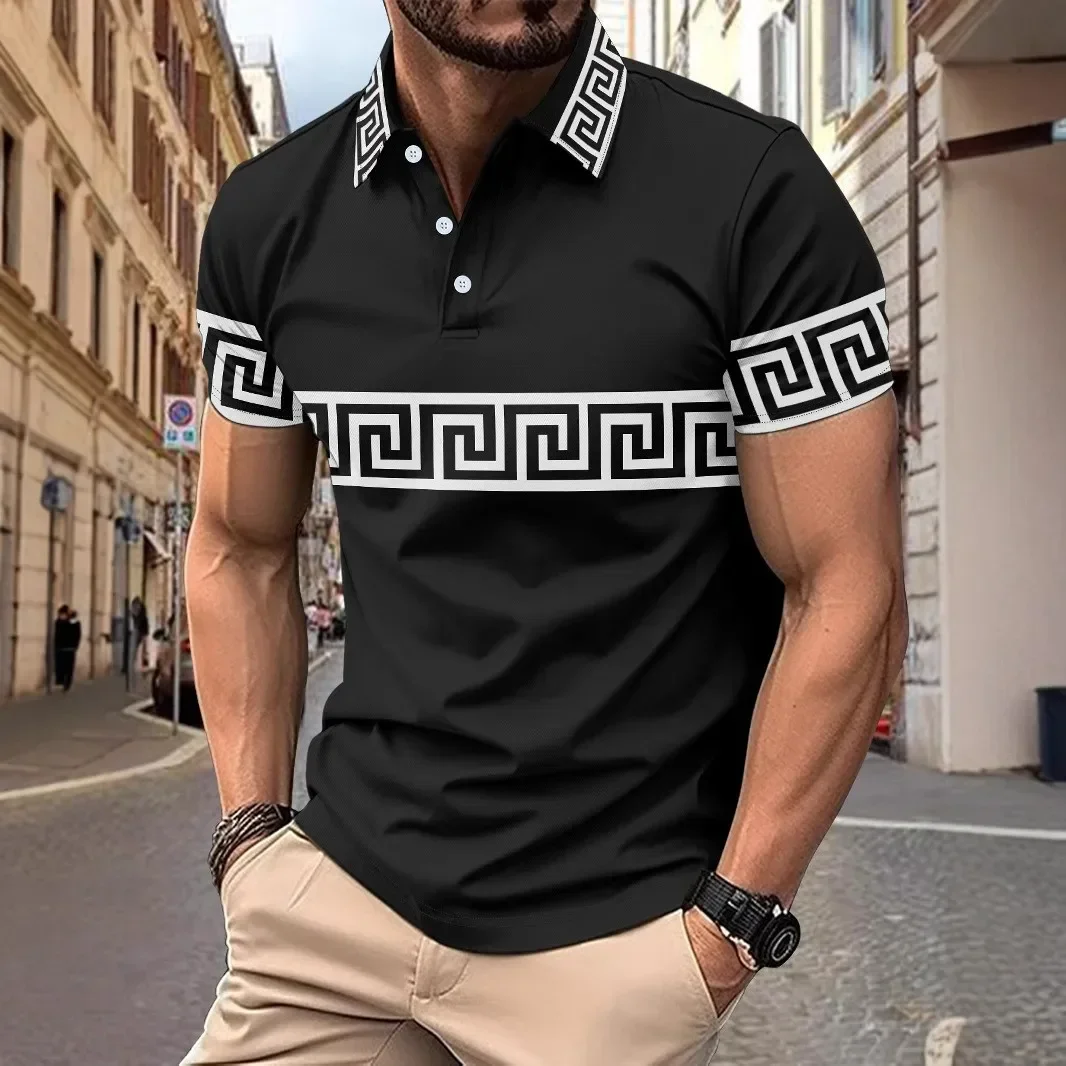 

Summer Daily Casual Short-sleeved POLO Shirt with Buttons Matching Men's Printed Striped Polo Shirt Polo T Shirt for Men