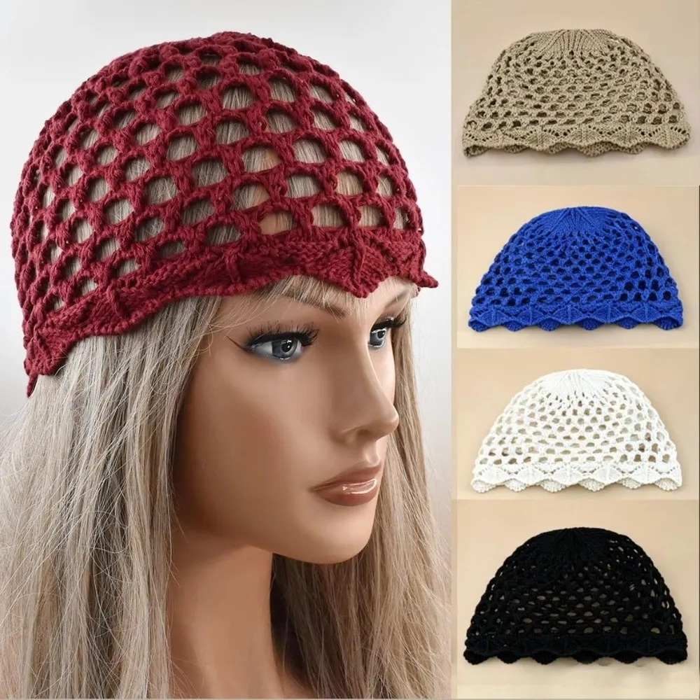 Hollow Out Crochet Knitted Hat Adjustable Decorative Design Mesh Knitted Hat Handmade Charm Beads Tassels Hollow Knit Cap Women