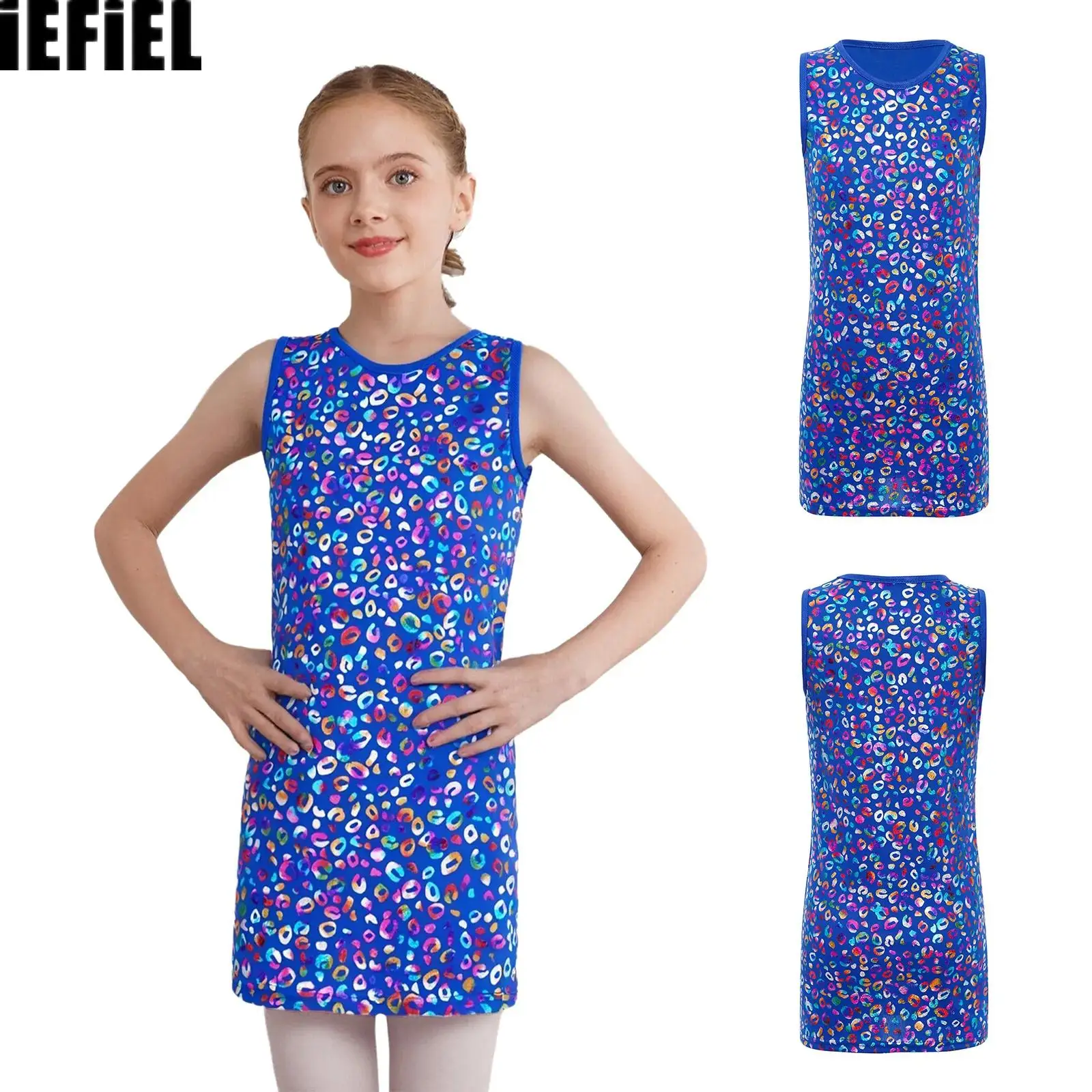 

Kids Girls Dance Dress Metallic Round Neck Sleeveless Tank Dress for Jazz Stage Performance Leopard Costume