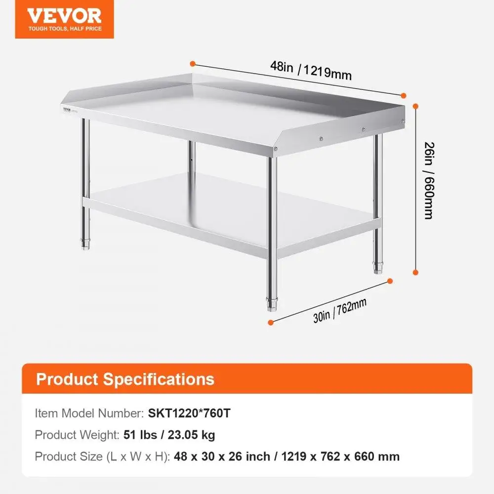 HeavyDutyStainlessSteelWorkTableforCommercialFoodPreparation30x48x26AdjustableHeight3SidedBacksplashforRestaurantHotel