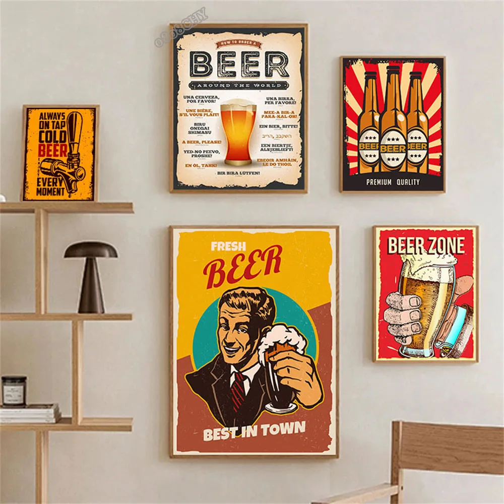 Vintage Beer Wall Art Poster Retro Beer Premium Quality Fresh Beer Best in Town Canvas Painting Retro Bar Restaurant Decor Mural