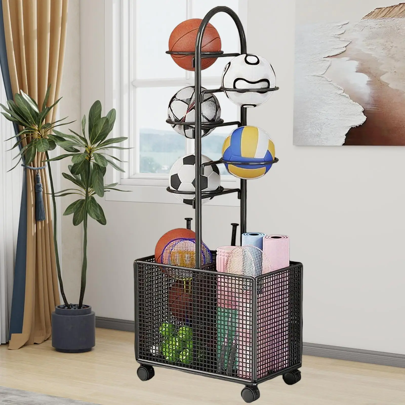 

Basketball Rack with Basket Sports Equipment Organizer Multifunctional Football Holder for Household Gym School Kindergarten