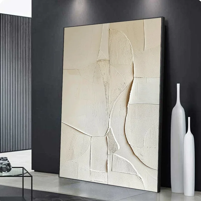 Large Creamy White Minimalist Painting Large Beige 3D Texture Wall Art Beige and White Abstract Canvas Oil Painting Modern Wabi