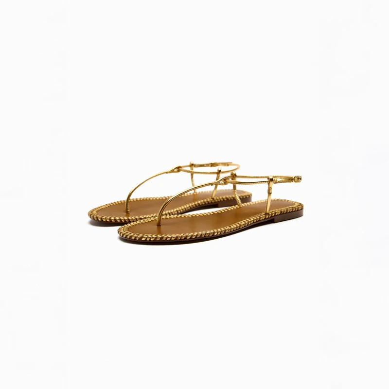 Flat With Modern Sandals Shoes Woman 2023 Summer Holiday Clip Toe Flip Flops Buckle Roman Shoe Gold Color Sandalias Feminina