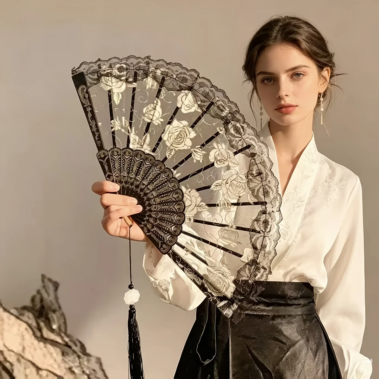 Lace Rose Fan Women Summer Folding Fan Dance Special Ancient Folding Handheld Photo Prop Holiday Birthday Gift