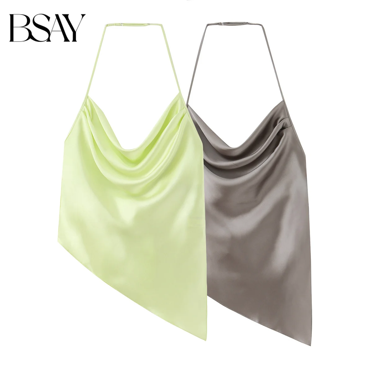 BSAY 2026 Damen Sommer Elegantes Modisches Seidensatin-Neckholder-Top mit Drapierter Wasserfallkragen-Optik, Dünnen Trägern und Asymmetrischem Saum – Cami für Alltag und Party