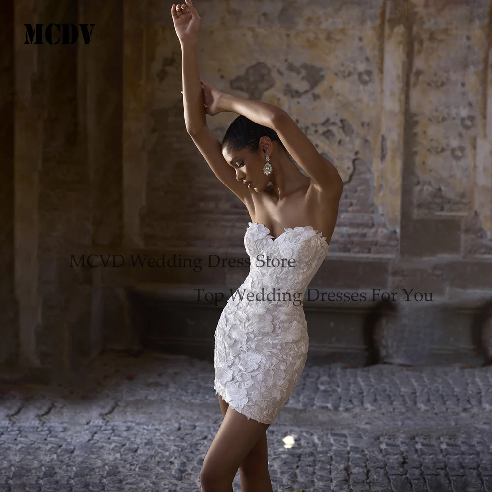 

MCDV Flowers Mini Ivory Wedding Dress 2026 Strapless Above Knee Bridal Dress Exquisite A-Line Elegant Party Attire Customized