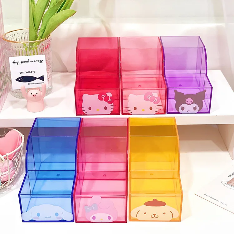 Sanrio Desktop Storage Box Hello Kitty Cinnamoroll Three Grid Stationery Pen Holder Makeup Case School Supplies Children Gift