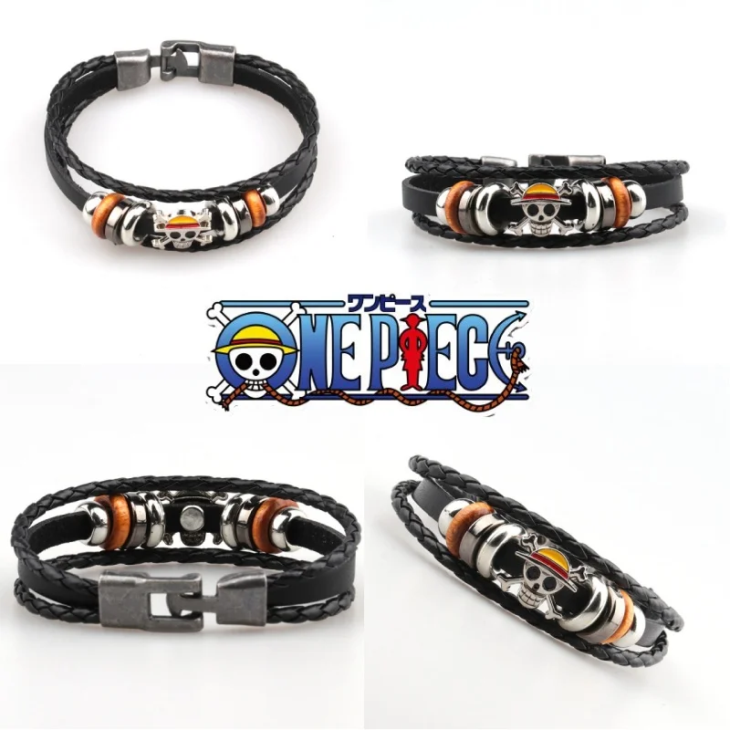 Anime One Piece Pirate Bracelet Cartoon Action Luffy Straw Hat Punk Retro Style Black Leather Woven Bracelet Toy Birthday Gift