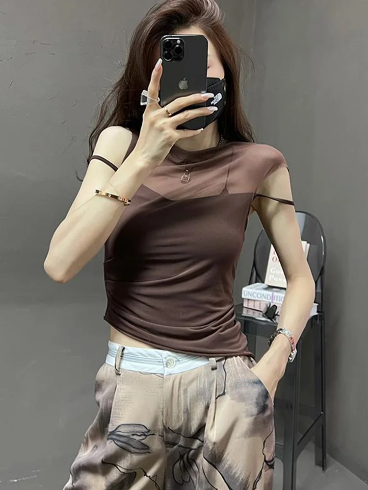 Design Sensation Irregular Mesh Splice Slim Fit Sleeveless T-Shirt Sexy Summer New Style Web Connectivity Thinming Top