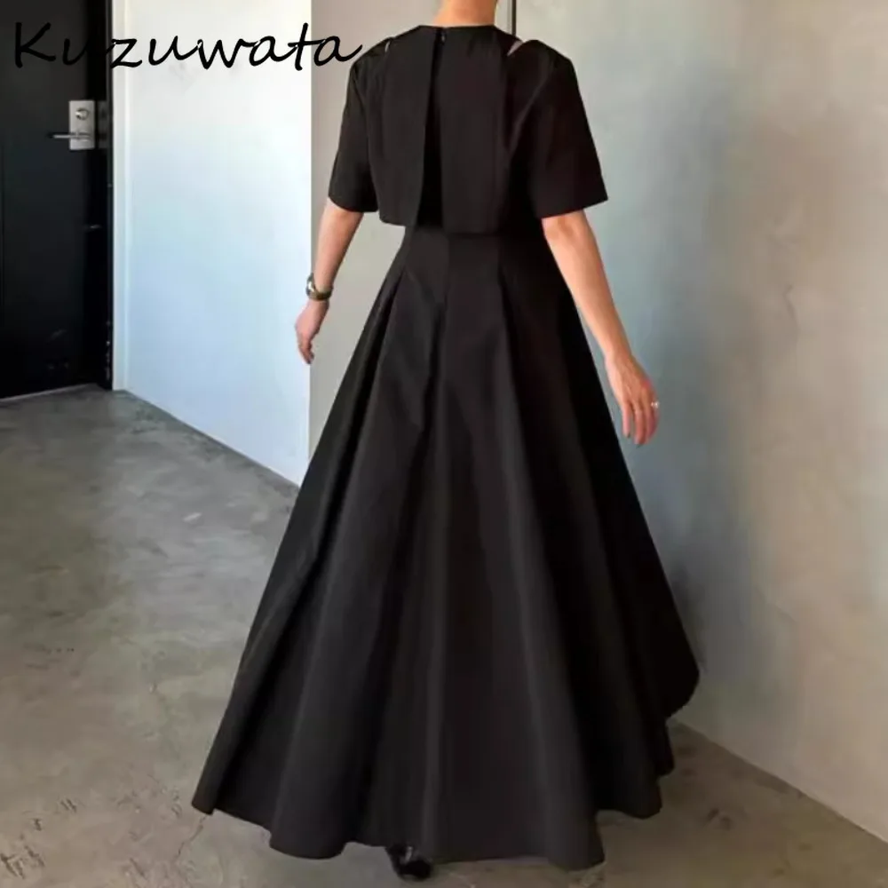 Kuzuwata New O Neck Half Sleeve Ruched Dress High Waist Loose Off Shoulder Slim Fit Robe Japan Fake Two Pieces Casual Vestidos