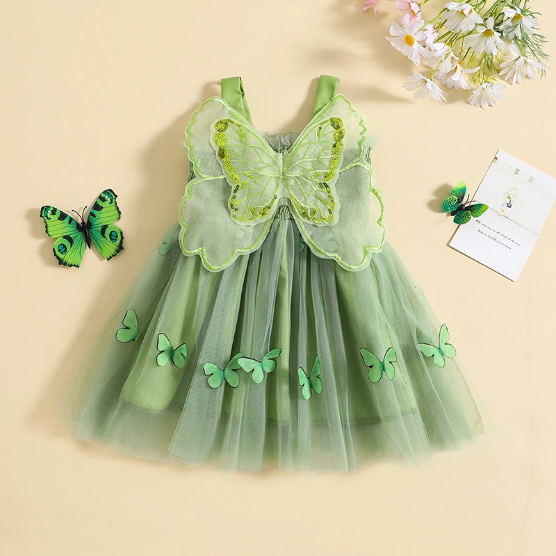 0-4Y Summer Kids Girls Sweet Dress with Butterfly Wing Sleeveless Sling Tulle Mesh Princess Dresses  Baby Clothes Costume