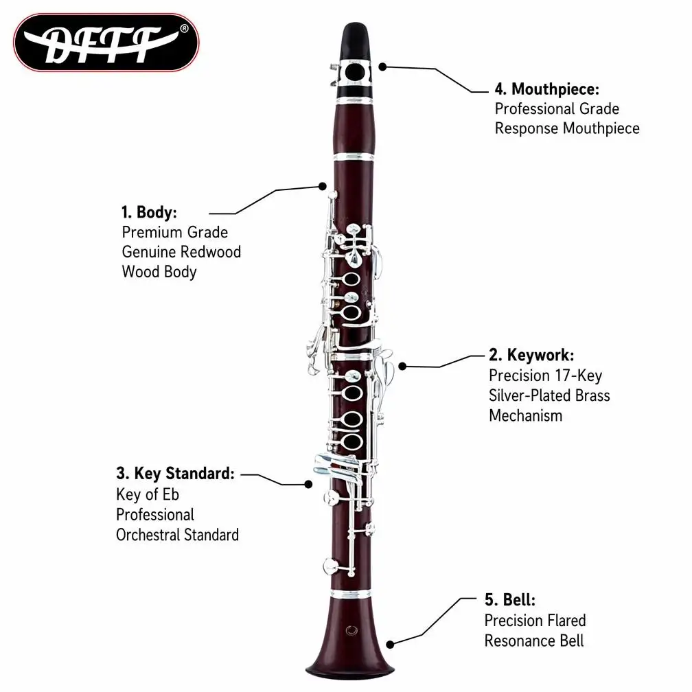 OEM High Grade Eb Key Rosewood Body Silver Plating Soprano Clarinet 17 Key Wood Wind Instruments Professional Performance