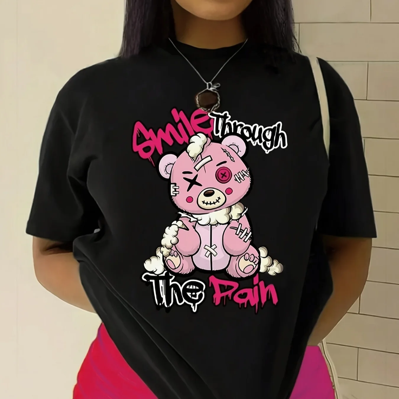 Smile Through The Pain Broken Pink Bear Graphic T‑Shirt Streetwear Hip Hop Harajuku Casual Unisex Oversized Short Sleeve Tee Top