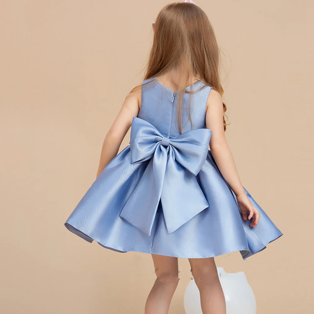 Robe de fille de fleur perlée en satin bleu avec nœud, robe de mariage, col rond, court, mignon, anniversaire de bébé, quelle que soit la fête