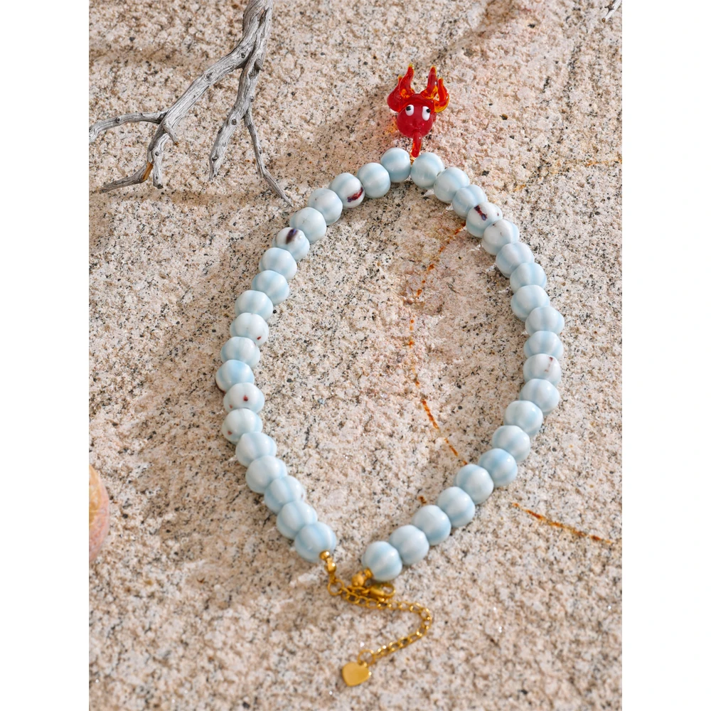 Blue Octopus Pendant Necklace with Ceramic Beads Chain