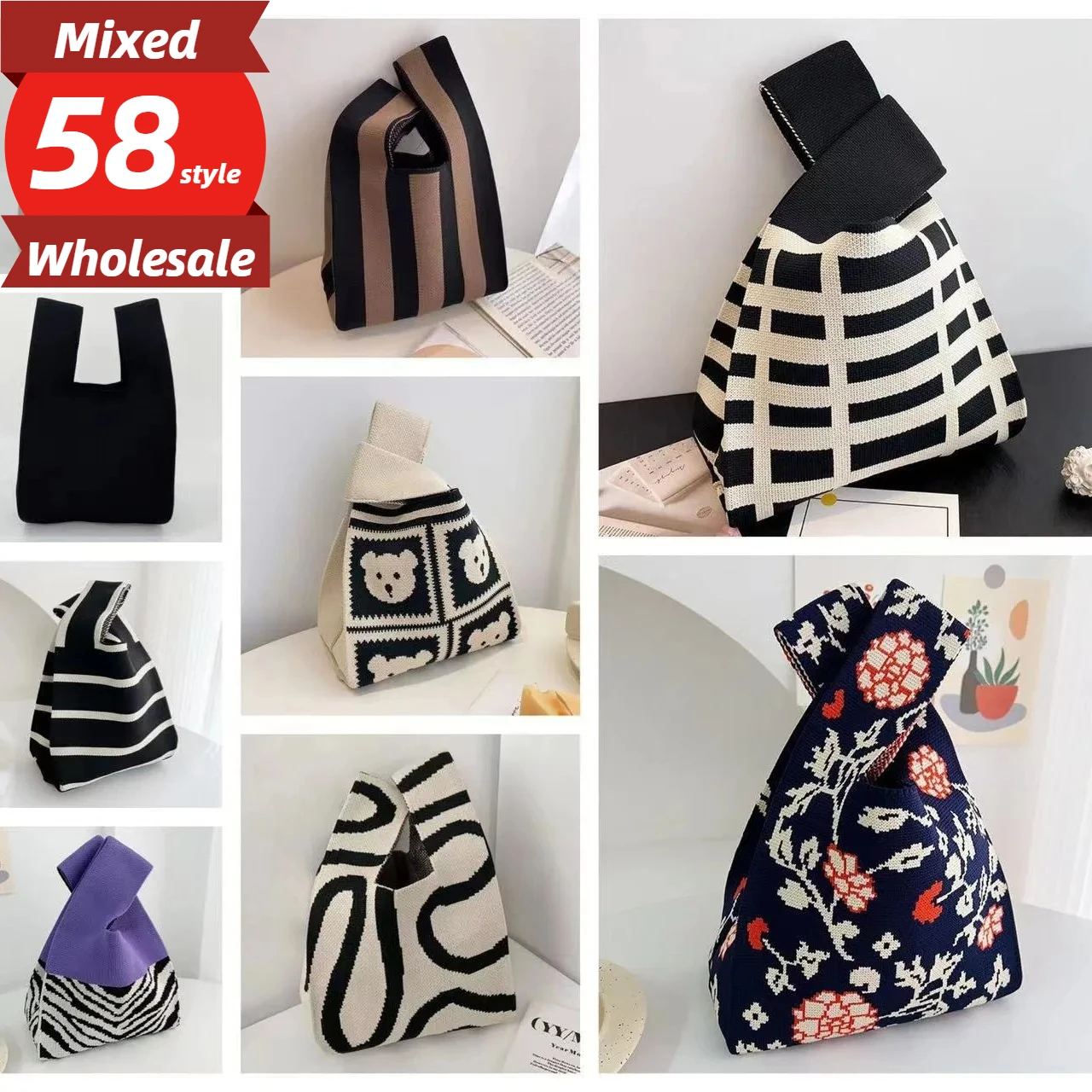 

Women'S Knot Wrist Bag Handmade Knitted Bag Portable Mini Striped Tote Bucket Phone Bags Large Capacity Autumn Winter Handbags