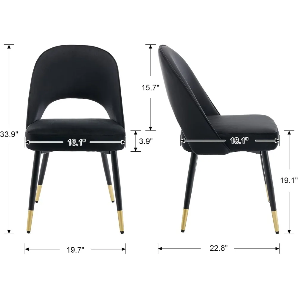 كراسي طعام بإطار معدني مغطى بالمخمل، مجموعة من 2، تصميم مفتوح من الخلف لتناول الطعام في المطبخ