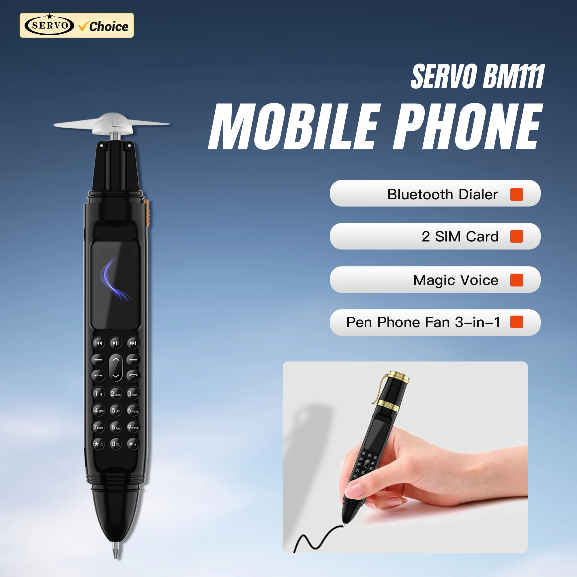 SERVO BM111 Pen Fan 3-in-1 Mobile Phone 2G GSM Magic Voice Bluetooth Dialer 2 SIM Standby Writing Pen Style Portable Cellphones