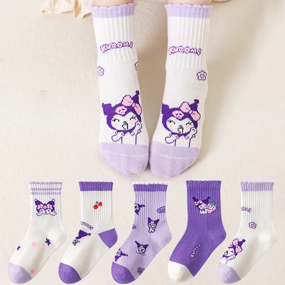 5pcs Set Kuromi Socks Cinnamoroll Girl Autumn Wintertime Kawaii Children Soft Pure Cotton Warm Cartoon Crew Sockss Gift