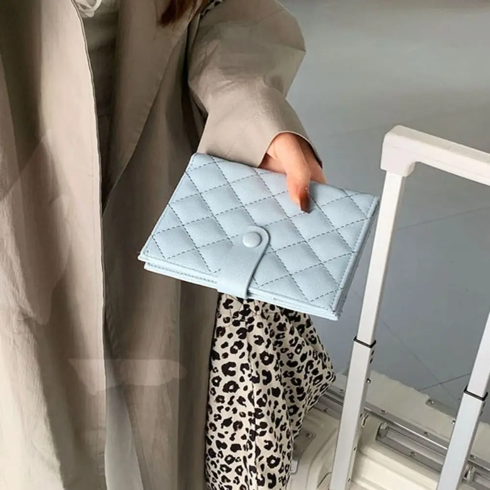 

Rhombus Plaid Leather Passport Holder Solid Color Korean Style Certificate Storage Bag Card Case Airplane Check-in Passport Clip