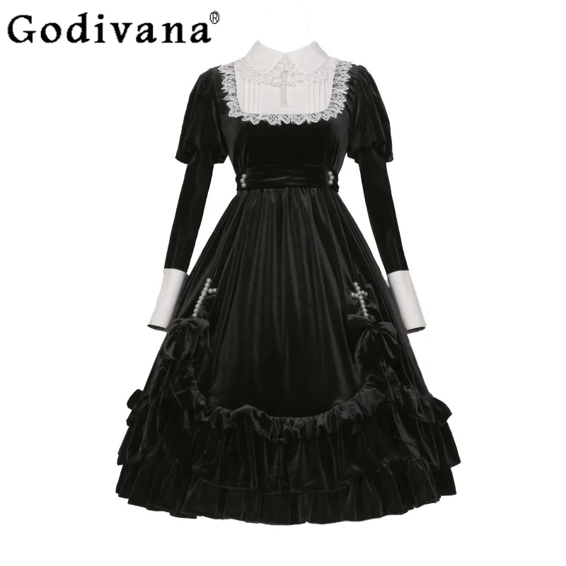

Gothic Lolita Long Sleeve Op Dark Maid Velvet Lace Halloween Dress 2025 Sweet Cool Girl Ruffles Peter Pan Collar Vintage Dresses