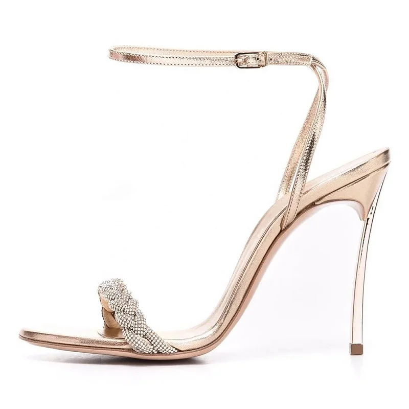 

Summer New Water Diamond One Line with Sexy Open Toe Sandals Metal Thin High Heels Banquet Dress Versatile Large Women's Shoes