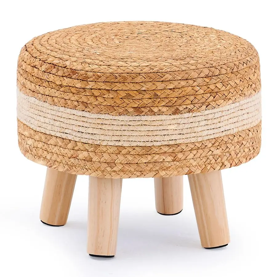 

Round Ottoman, Natural Water Hyacinth Outdoor Patio Pouf Seagrass Low Stool with Wood Legs, Soft Padded Footrest for Living Room
