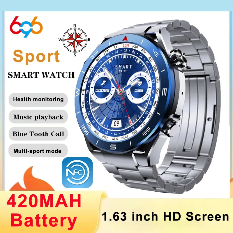 

Smart Watch 1.62" Outdoor Compass Sports Fitness Voice Assistant Health Watches Waterproof NFC Music Blue Tooth Call Smartwatch