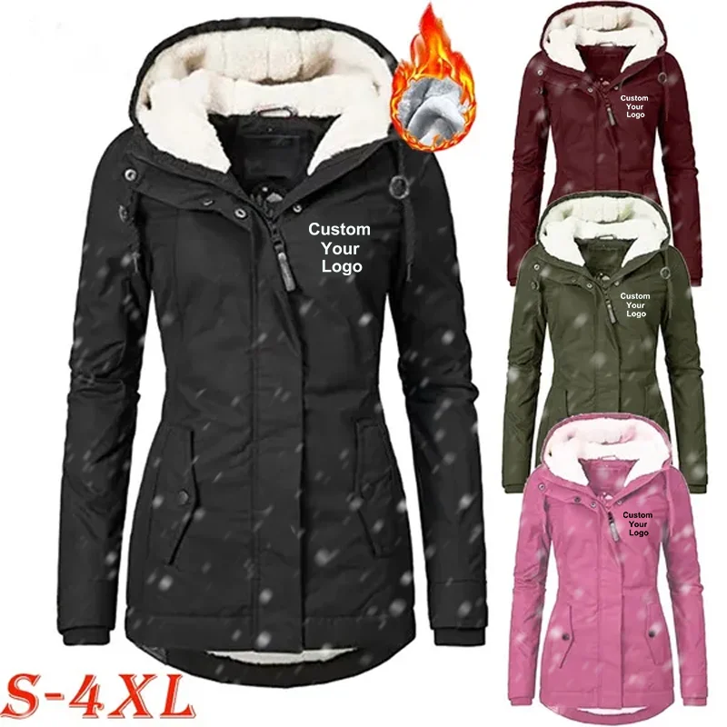 

Women Custom Your Logo Fashion Chic Drawstring Hoodie Parka Coat Winter Warm Padded Jacket Winter Slim Zipper Hooded Jacket