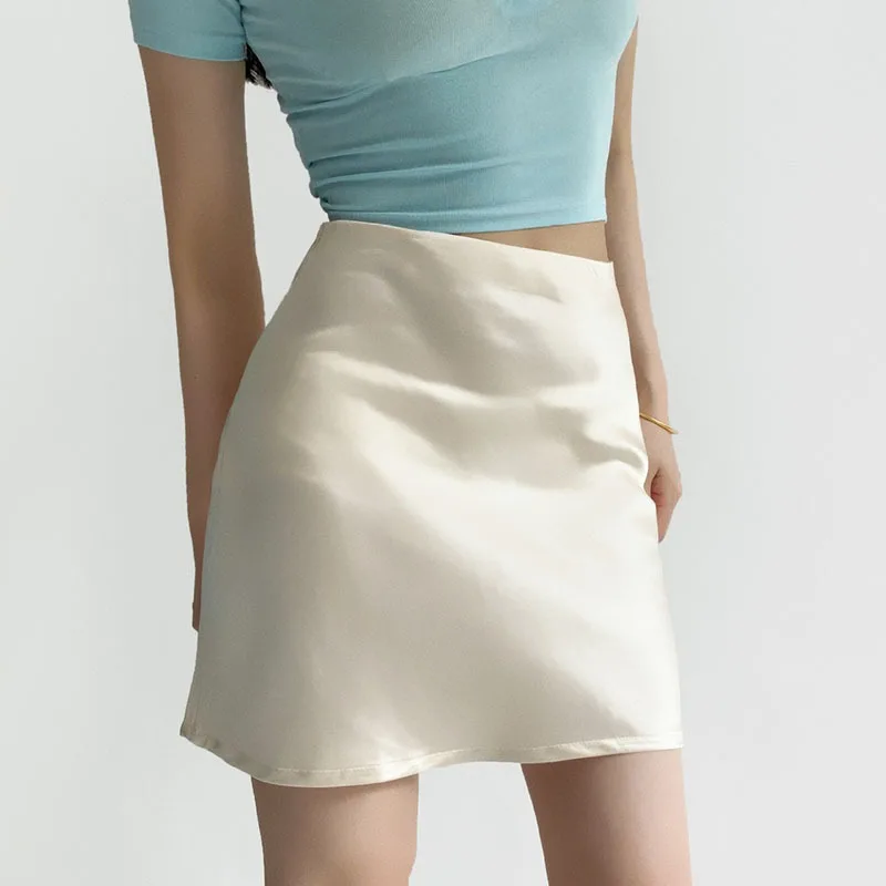 

Women Stain Silk Mini Skirts Summer Elegant Streetwear Lady A-Line Short Skirts Solid Color Female Sexy Slim High Waist Skirts