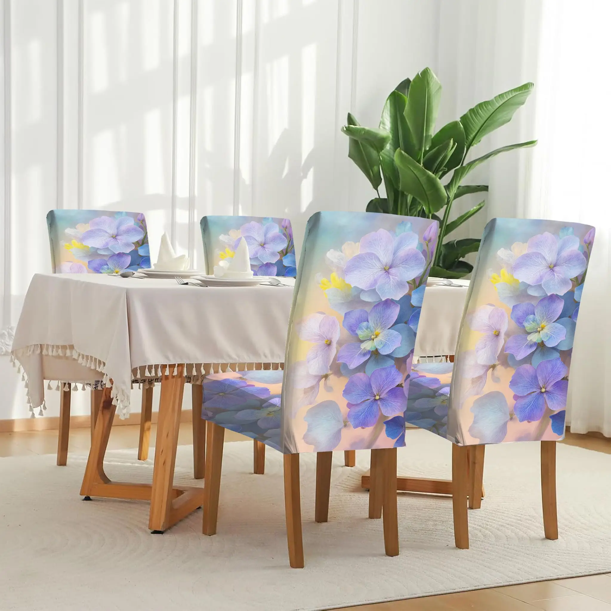 Elastic dining chair cover dream blue-purple hydrangea close-up removable, washable, home dining chair cover