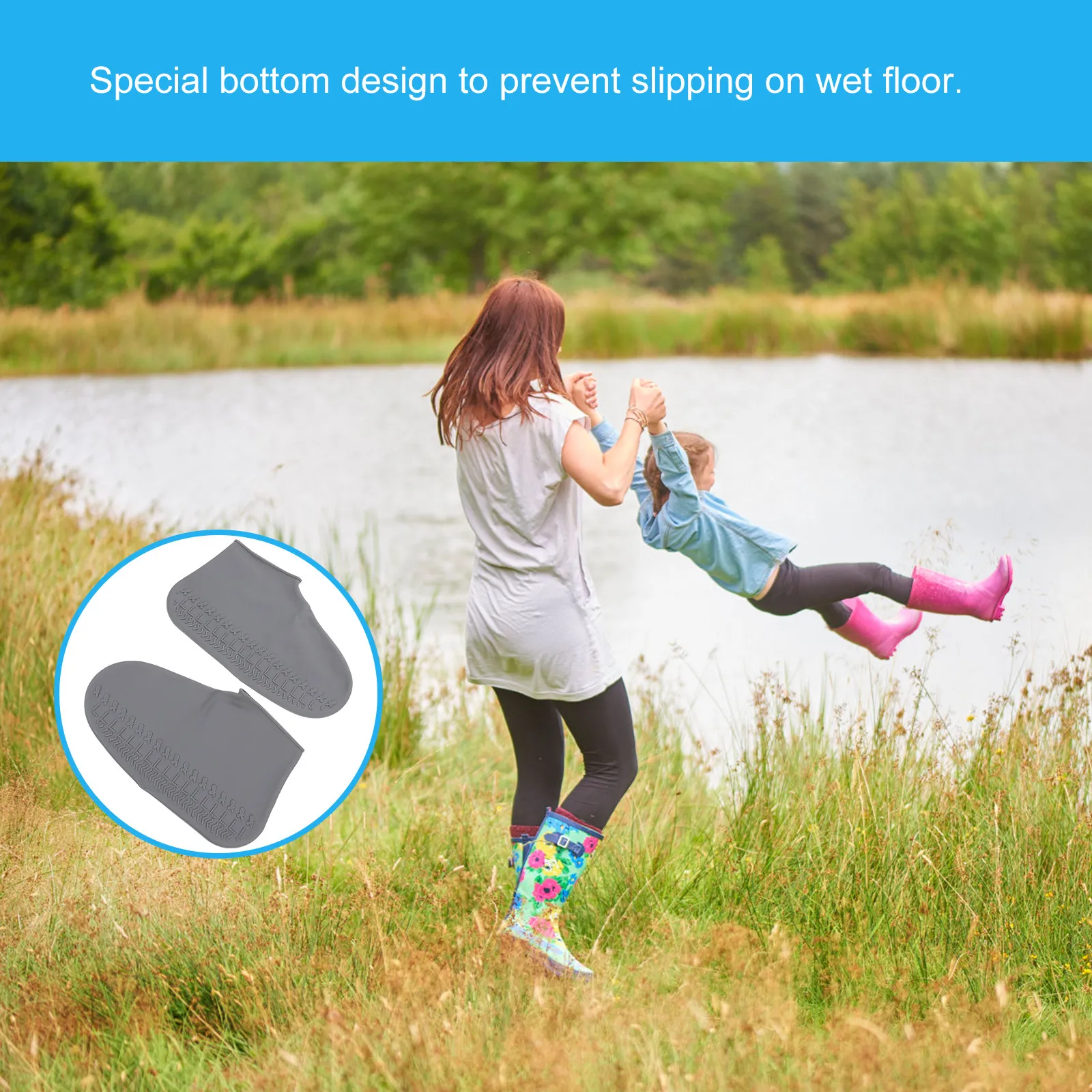 1Pair Thickened Silicone Shoes Cover Rainproof Anti-Slip Reusable Shoe Protector for Wet Floor Dust Mud Rain Protection Grey L