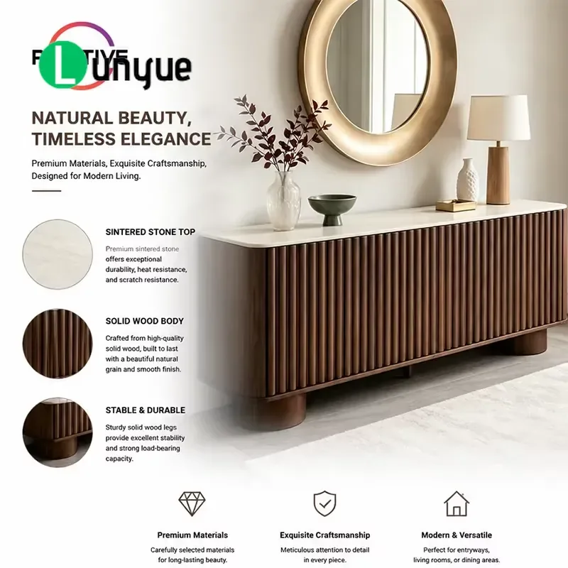 Modern Creative Side Cabinet with Sintered Stone Countertop Nordic Wooden Buffet for Living Room Entrance Storage Furniture