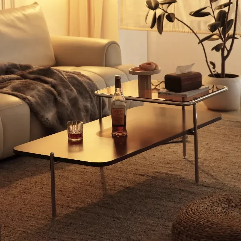 Dual-Tier Modern Coffee Table with Metal Frame, Minimalist Nesting Side Table, Living Room Accent Furniture with Polished Legs
