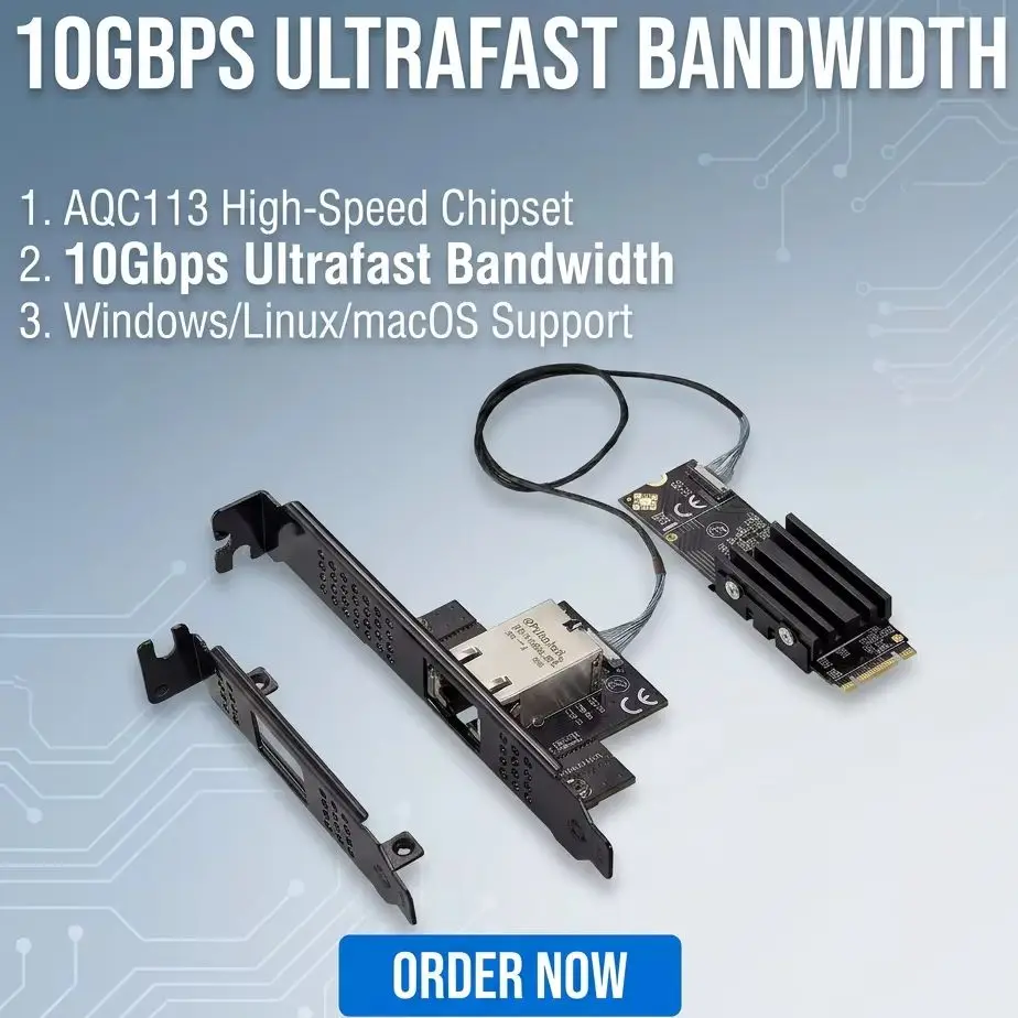 10GbE Network Card M.2 B+M Key to RJ45 Single Port 10G Ethernet Adapter AQC113 Chipset Industrial Server NAS Network Card