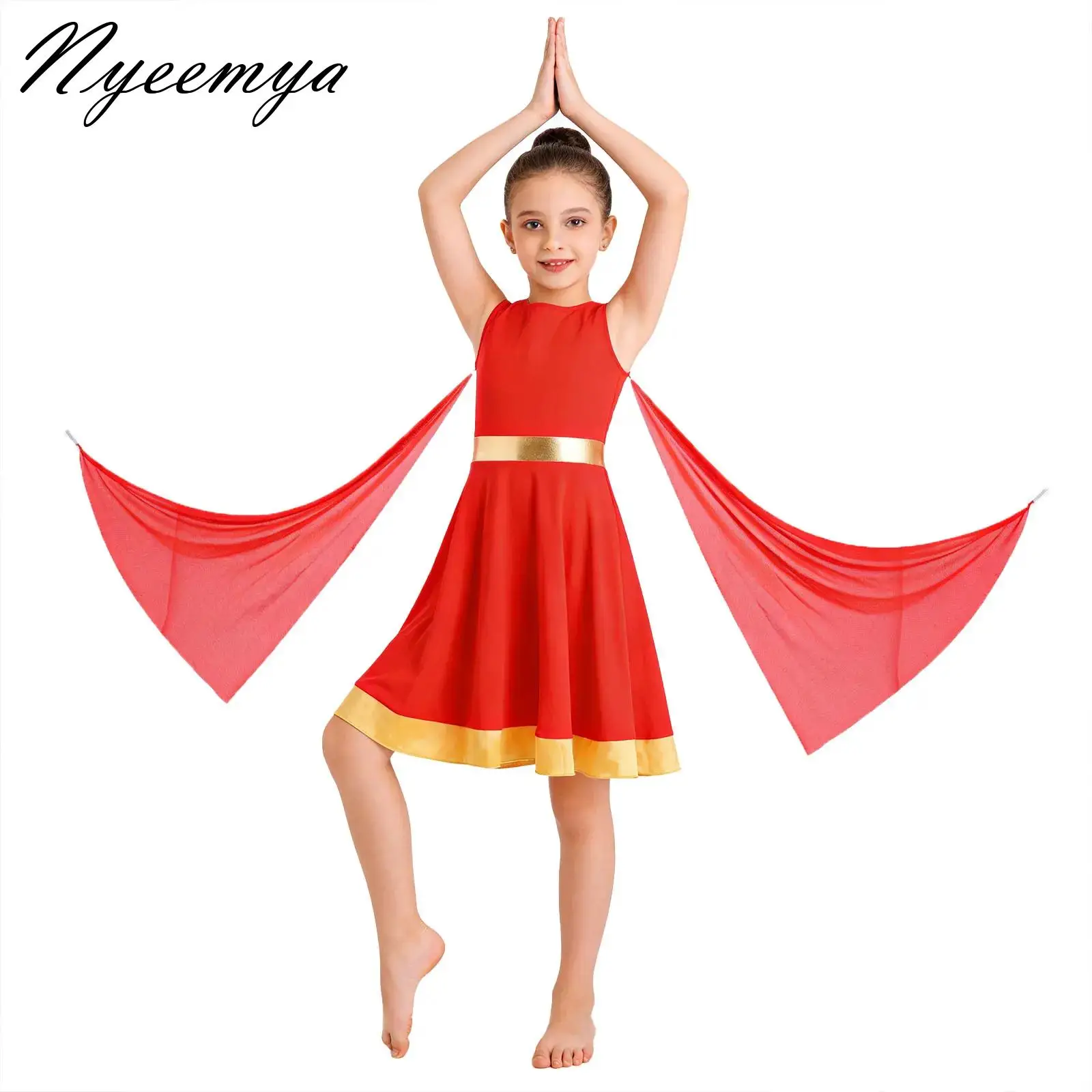 

Girls Contrast Mesh Drapes Praise Dance Dress for Kids Worship Liturgical Praise Costume Metallic Waist Church Choir Robes Tunic