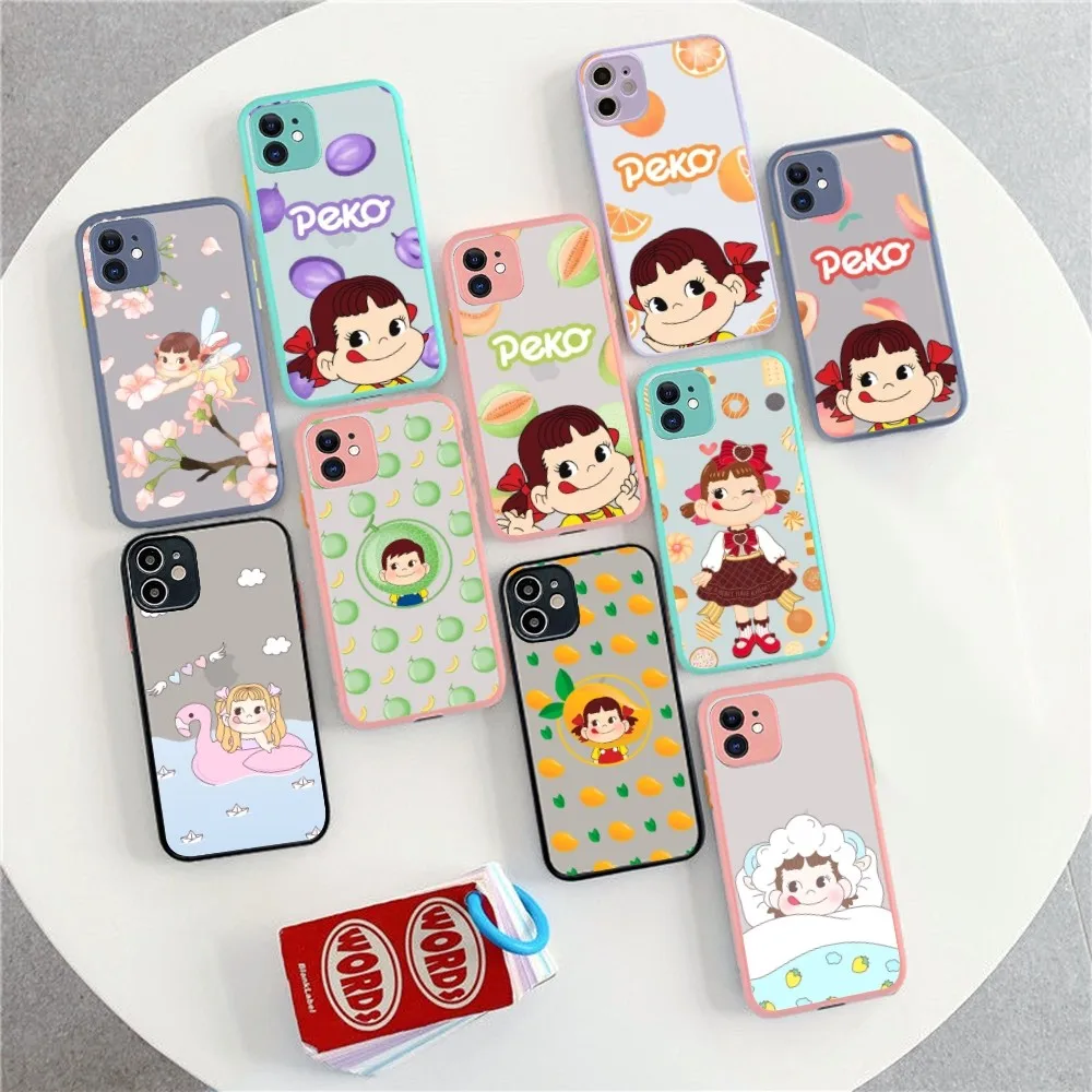 Cartoon Peko Chan Phone Case for iPhone 14 11 12 13 Mini Pro Max 8 7 Plus X XR XS MAX Translucent Matte Cover