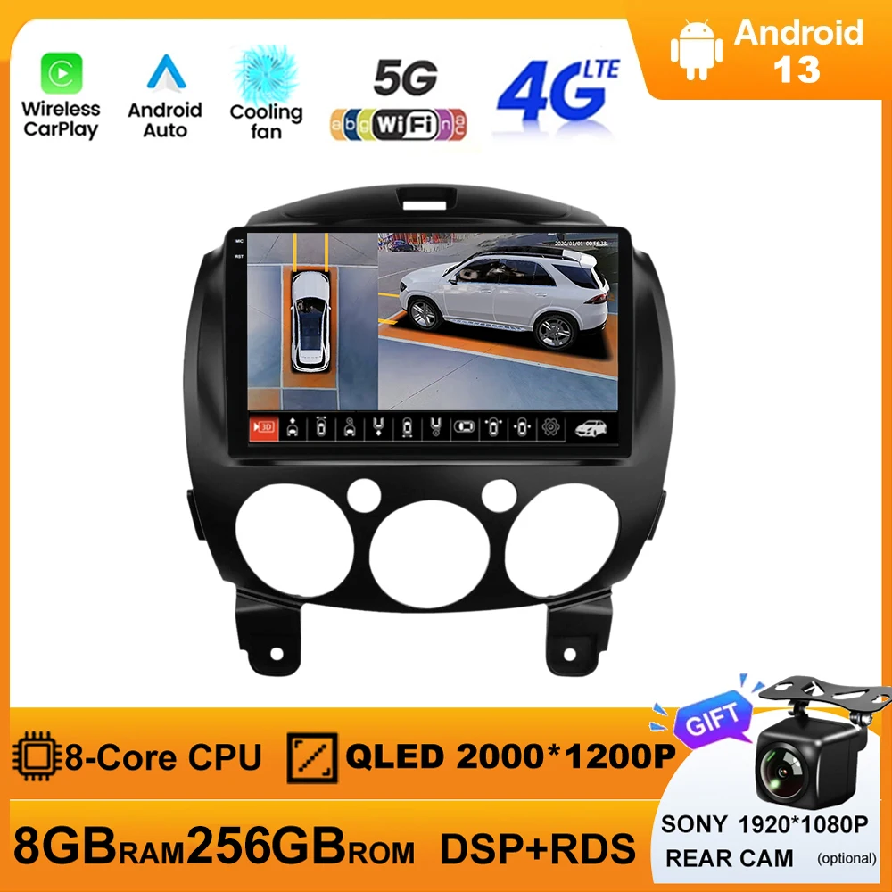 

Android 13 For MAZDA 2 Mazda2 2007 - 2014 Car Radio Stereo Player Support DVR Tablet WiFi GPS Navigation Carplay Auto 360 Camera