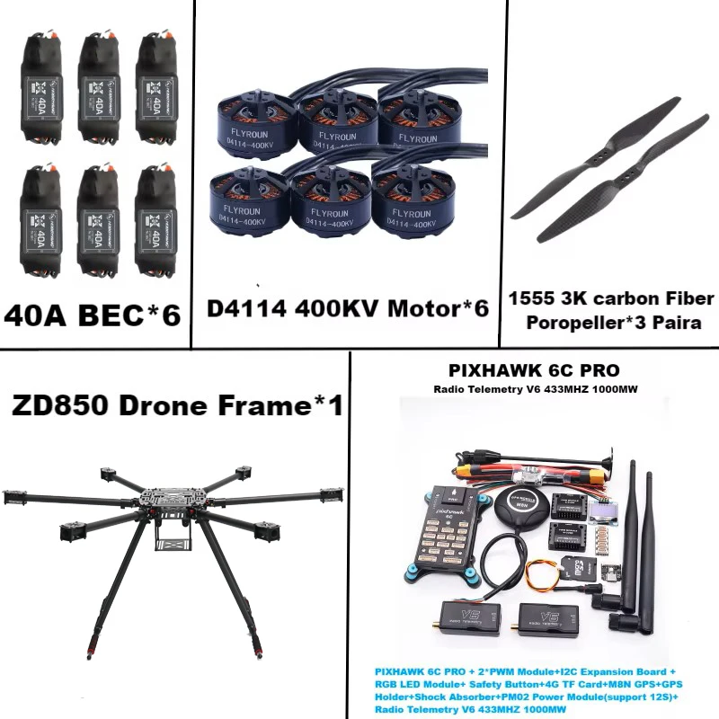 Rctosky zd850 fibra de carbono completa 850mm hexa-rotor quadro blheli 40a esc pixhawk 6c pro 2.4.8 controle de vôo rado telemetria v5 conjunto