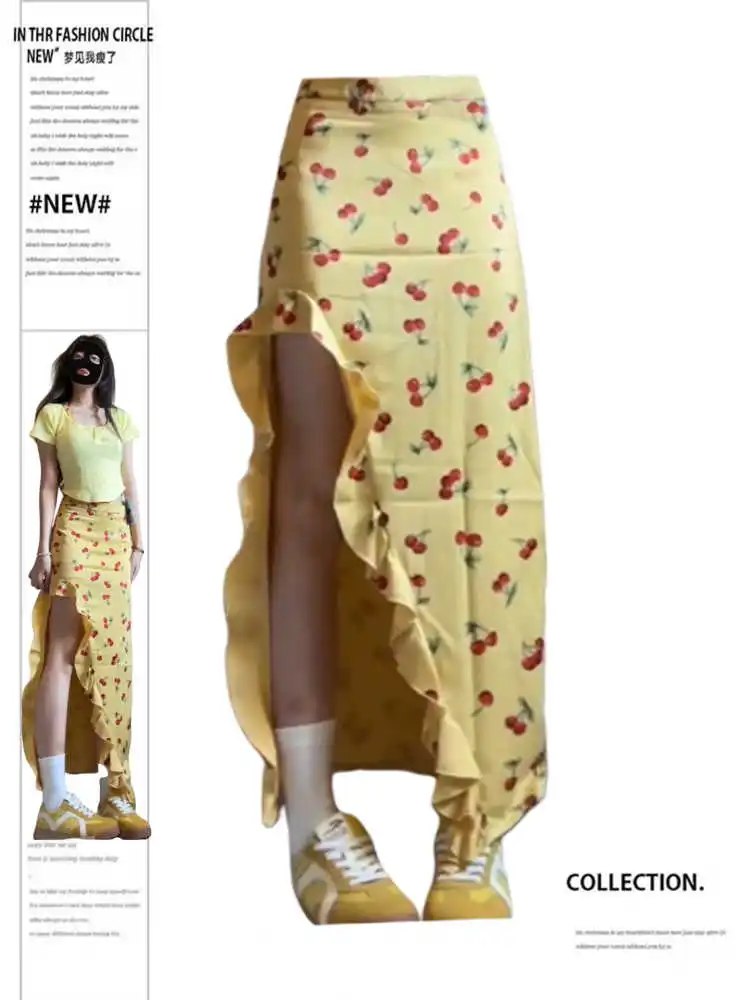 

Summer Women Vintage Romantic 2000s Aesthetic Cutecore Midi Split Skirt Floral Pattern Gyaru Coquette Shoujo Gyaru Korean New