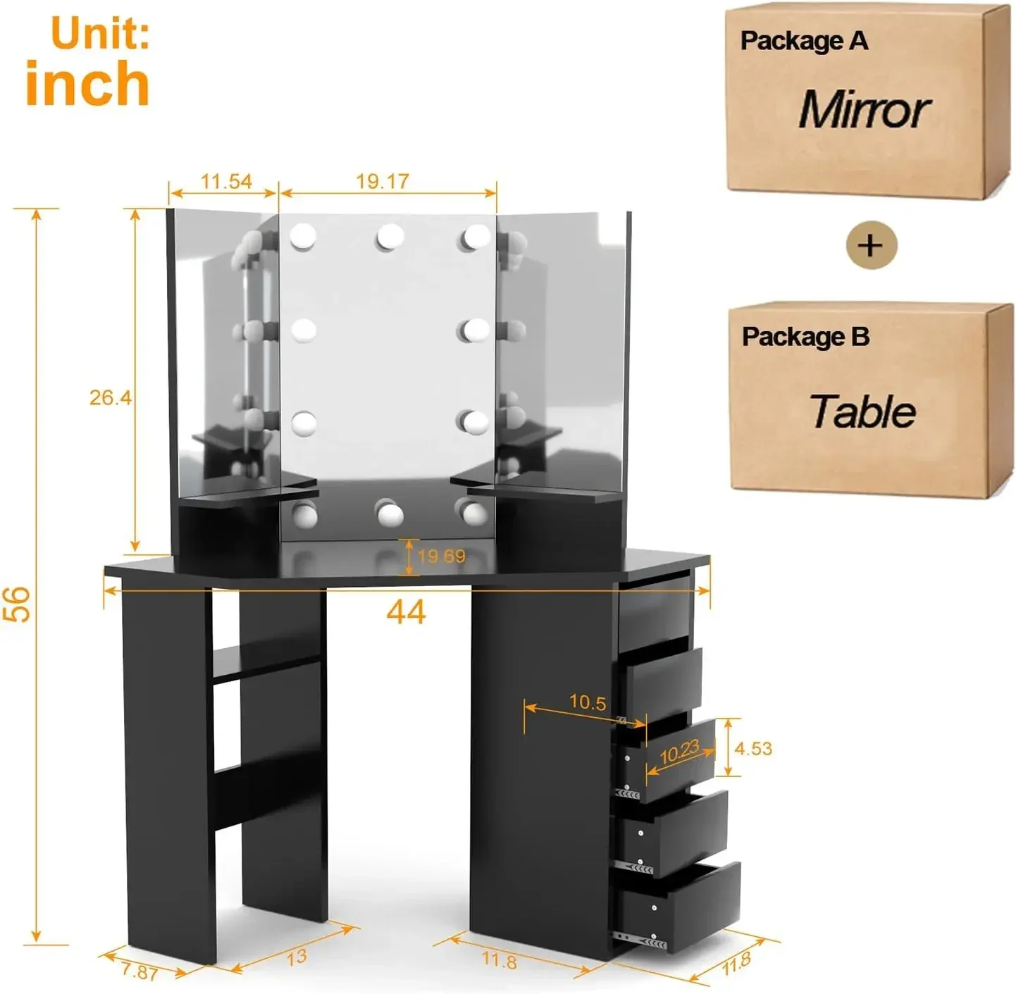 Corner Vanity Desk, Black Makeup Vanity with Lights, Bedroom Small Vanity Table with Lighted Mirror, Makeup Desk with Drawers