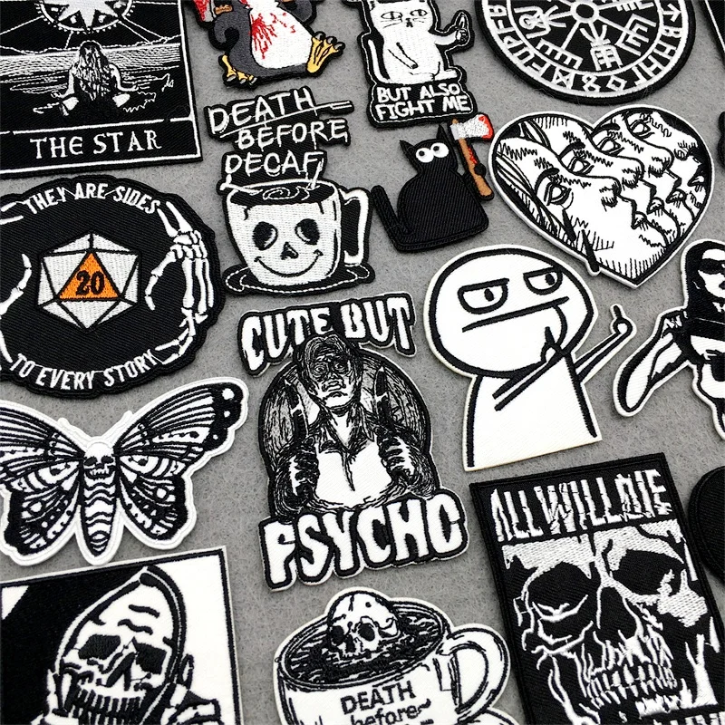 

Black and White Patches on Clothes Embroidered DIY Iron on Patches for Clothing Jacket Jeans Stickers Punk Appliques