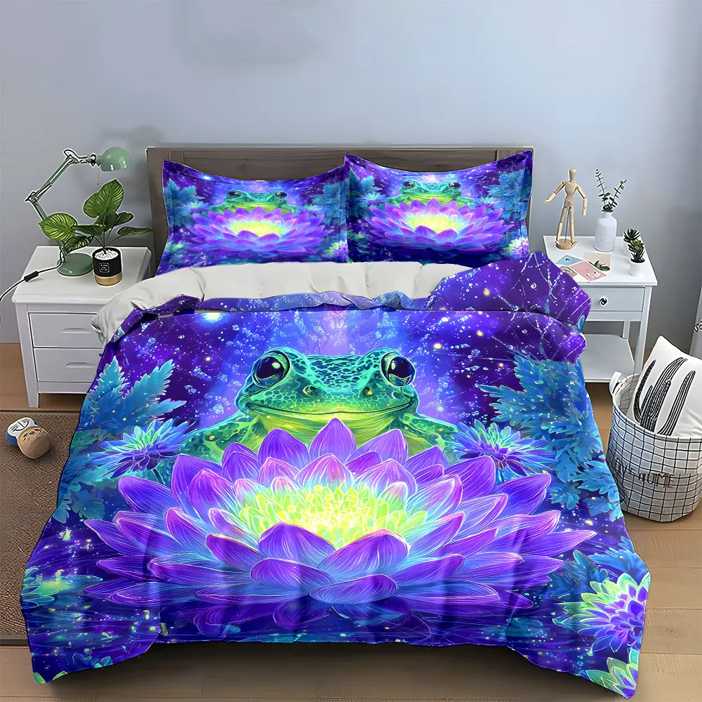 Colorful Frog and Lotus Art Bedding Set with 1 Duvet Cover 2 Pillowcases Single Double King Queen, Gift