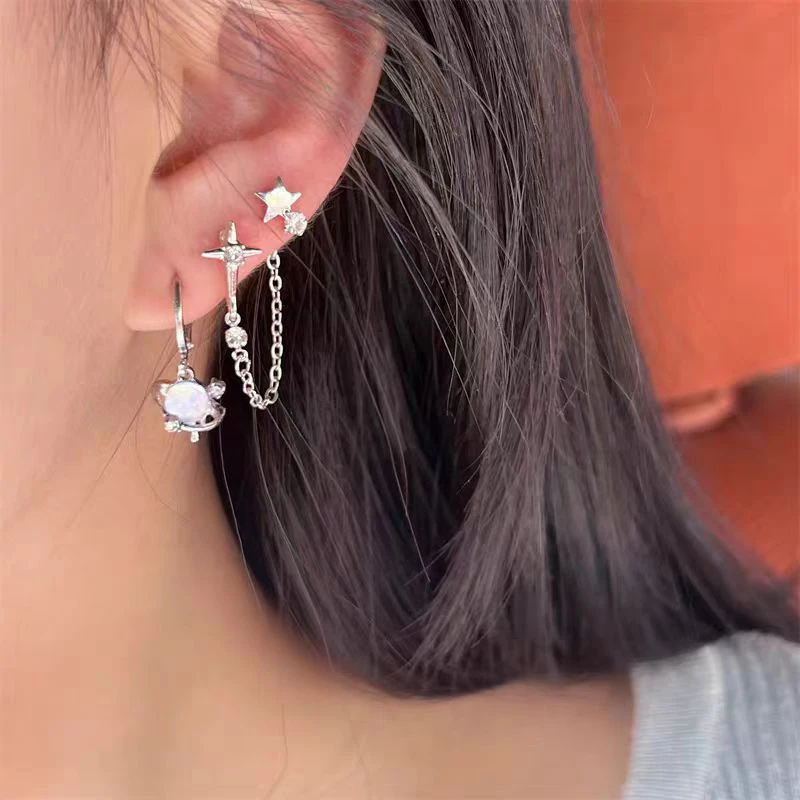 6Pcs/Set Gothic Punk Crystal Moon Cross Star Pendant Earrings Set for Women And Girls Versatile Temperament Jewelry Gift